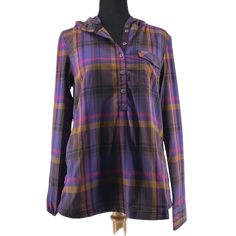 Prana Anja Top button down plaid dark plum quick dry upf 50 hiking outdoors sm